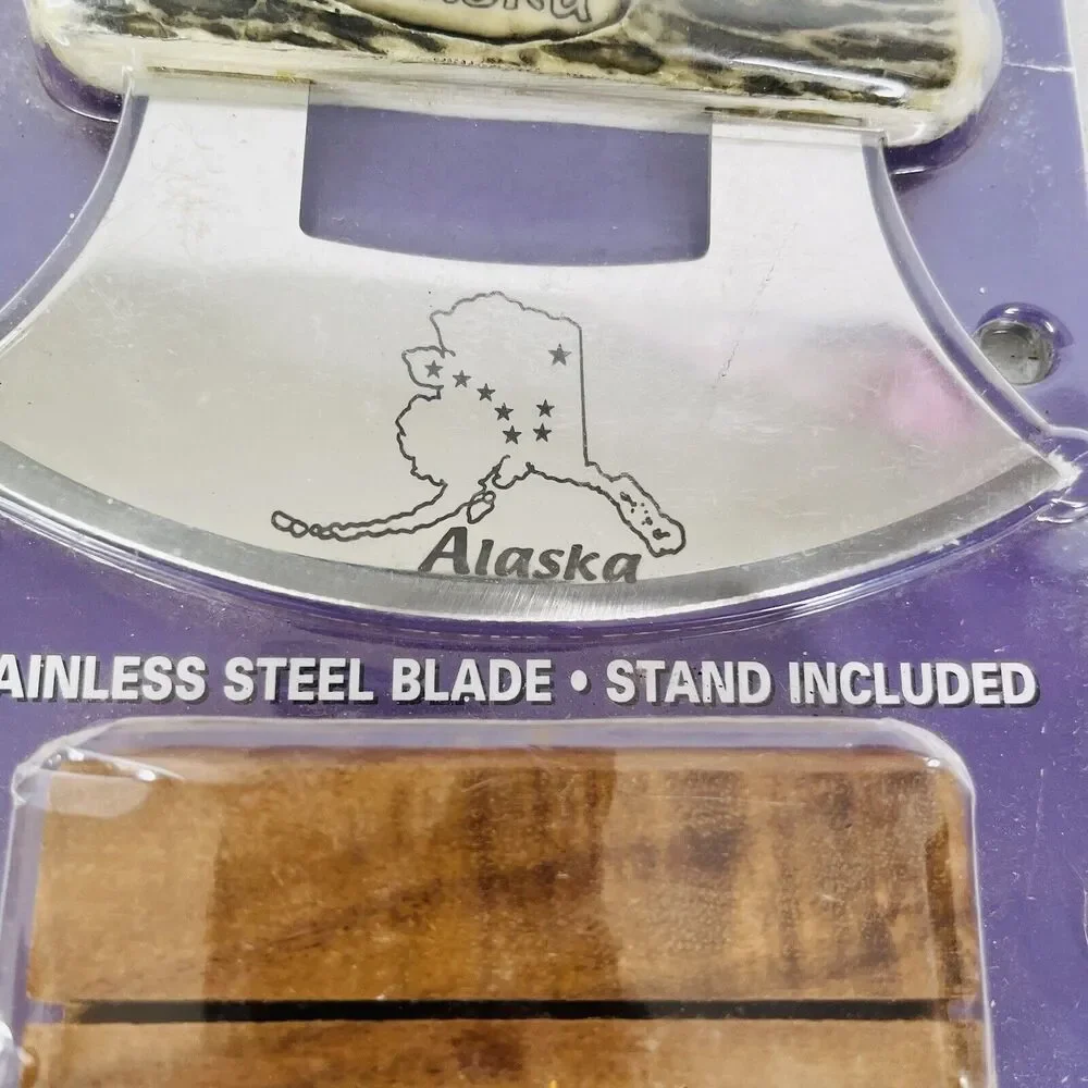Alaskan Explorer‎ ULU KNIFE, Stainless Steel Blade w/ Wood Display Stand NEW